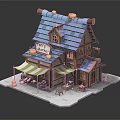 Cartoon Bread Shop Cottage with Blue Tile Roof Yellow Decorations Front Awning and Wooden Barrels