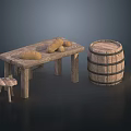 Rustic Wooden Table With Bread Loaf Wooden Barrel And Small Stool 3d model