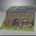 Ancient Brick Structure Model With Arched Openings And Green Mossy Vegetation