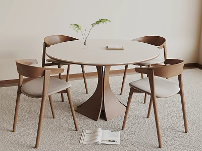 Round Wooden Dining Table With Four Chairs Featuring Light Colored Seats And Small Plant on Top 3d model