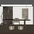 Traditional Tea Room Interior With Wooden Table Stools Stone Wall And Hanging Painting