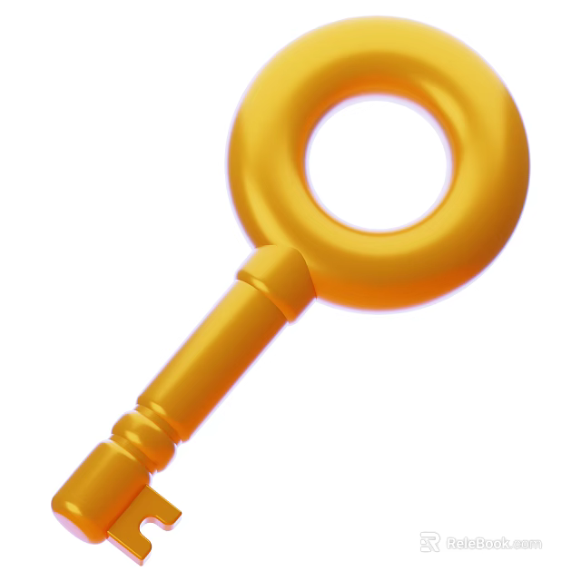 Yellow Key 3D Illustration With Circular Ring And Detailed Handle Design 3d model 