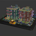Green And Red Multi Story Apartment Buildings With Balconies Yellow Taxi And Blue Truck