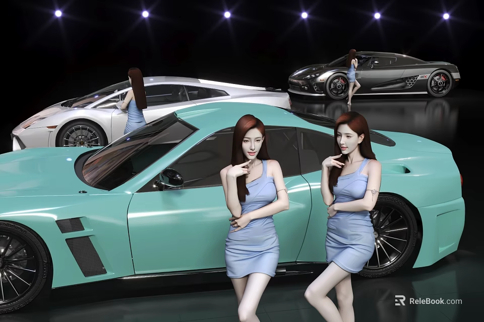Car Showroom Displaying Light Blue And White Sports Cars With Women In Blue Dresses 3d model 