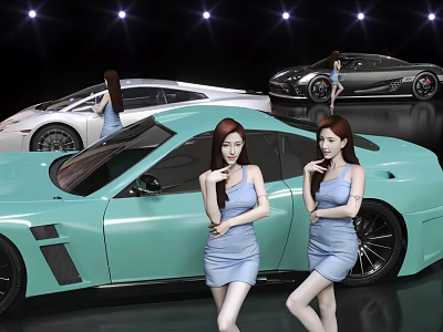 Car Showroom Displaying Light Blue And White Sports Cars With Women In Blue Dresses 3d model