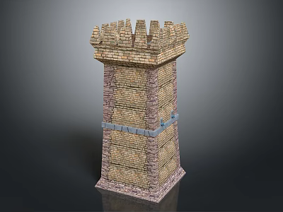 Medieval Style Brick Tower With Crenellated Top Multi Colored Bricks And Blue Accent Band 3d model