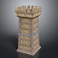 Medieval Style Brick Tower With Crenellated Top Multi Colored Bricks And Blue Accent Band