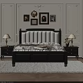 Elegant Double Bed with White Upholstered Headboard Dark Frame Nightstands Table Lamps and Decorative Paintings