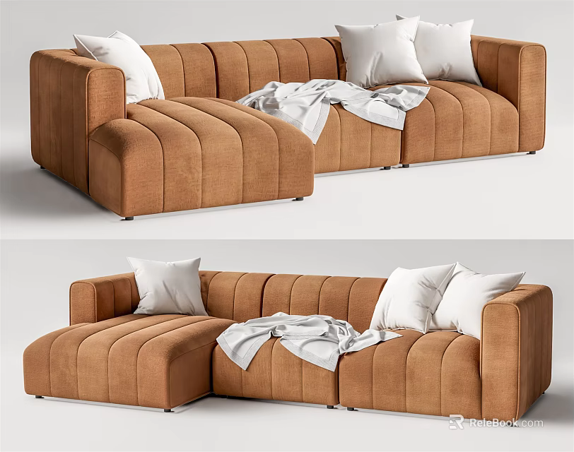 Modern Brown Tufted Sectional Sofa With White Cushions And Gray Blanket 3d model
