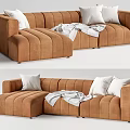 Modern Brown Tufted Sectional Sofa With White Cushions And Gray Blanket 3d model