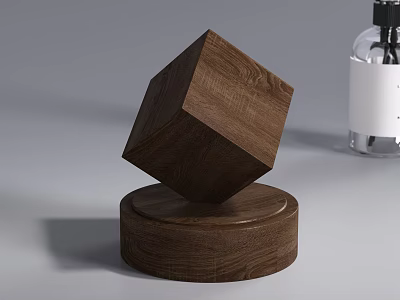 Decorative Wooden Ornament Set Including Cube Round Base and Glass Bottle with White Label 3d model