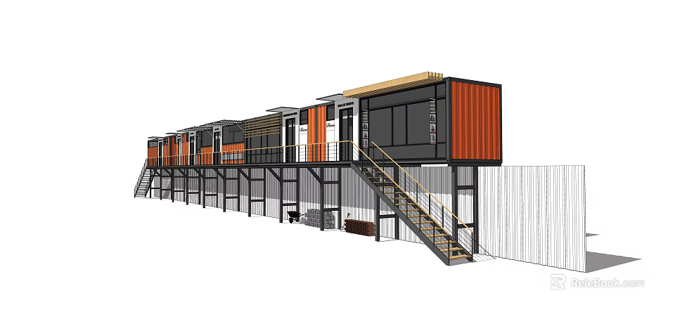 Industrial Containers Modified Building Structure With Staircase Platform Orange Black Metal Frame 3d model