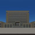 Modern Office Building With Beige Exterior Large Glass Windows And Spacious Front Plaza