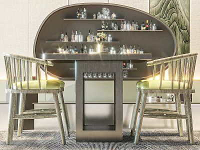 Stylish Leisure Chairs With Metal Frame And Green Cushions In Front Of Bar Counter 3d model