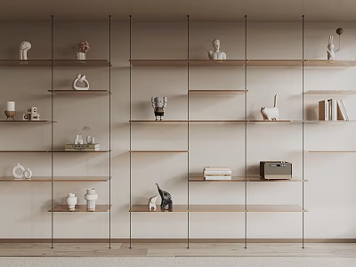 Modern Shelving Unit With Wooden Shelves Metal Frames Decorative Items Books And Sculptures 3d model