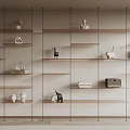 Modern Shelving Unit With Wooden Shelves Metal Frames Decorative Items Books And Sculptures