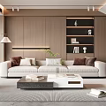 Modern Living Room Interior Design With Beige Sofa Wooden Wall Bookshelves Staircase And Coffee Table