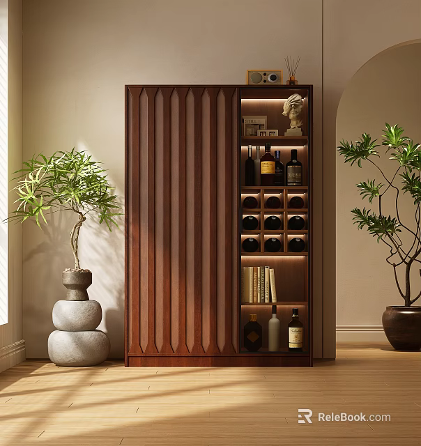 Ribbed Wooden Wine Cabinet with Bottles Glass Racks Statue in Interior with Potted Plants 3d model 