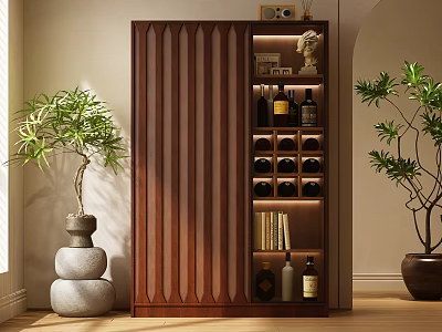 Ribbed Wooden Wine Cabinet with Bottles Glass Racks Statue in Interior with Potted Plants 3d model