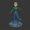 3D Fantasy Character Figure In Blue Robe With Crown Standing On Green Grass Base