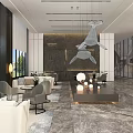 Modern Sales Office Interior Featuring Hanging Whale Sculptures Large Windows City View and Marble Floor