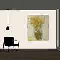 Modern Interior With Yellow Flower Painting Black Leather Chair And Pendant Light