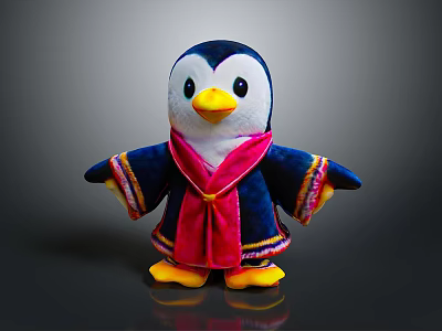 Cute Penguin Plush Toy with Black White Body Yellow Beak Feet Dark Blue Outfit Colorful Trim Pink Scarf 3d model