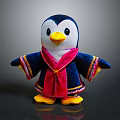 Cute Penguin Plush Toy with Black White Body Yellow Beak Feet Dark Blue Outfit Colorful Trim Pink Scarf