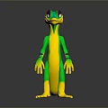 Cartoon Style Green And Yellow Lizard Creature Character With Purple Eyes Standing Pose