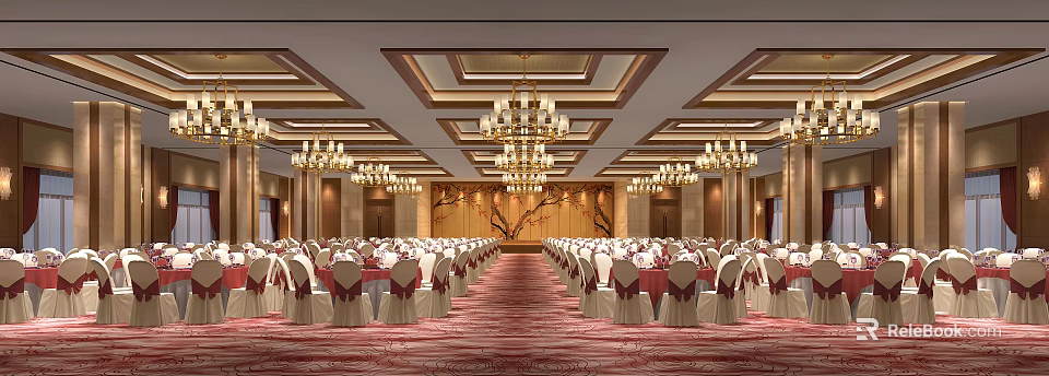 Elegant Banquet Hall With Grand Chandeliers Arranged Tables Chairs And Red Carpet 3d model 