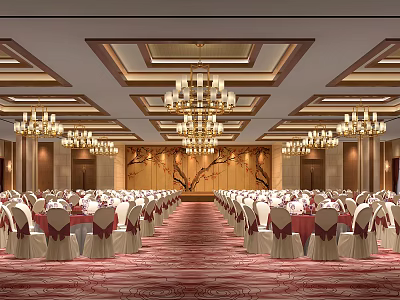 Elegant Banquet Hall With Grand Chandeliers Arranged Tables Chairs And Red Carpet 3d model