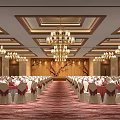 Elegant Banquet Hall With Grand Chandeliers Arranged Tables Chairs And Red Carpet