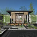 Chinese Style Courtyard Garden With Pavilion Rockery Lotus Pond Green Plants And Stone Pathway