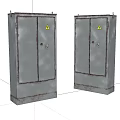 Industrial Electrical Enclosures with Double Doors Rusty Metal Construction and Yellow Warning Labels