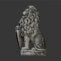 Detailed Lion Statue With Curly Mane Holding Shield On Stone Pedestal
