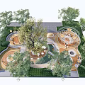 Modern Park Playground With Circular Lawn Paved Ground And Green Trees