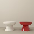 Two Round Coffee Tables White And Red With Geometric Base Design On Light Background
