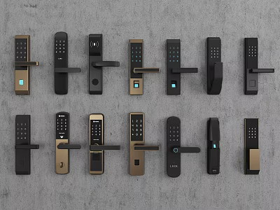 Modern Smart Door Handles With Various Designs Black Gold Tones And Security Features 3d model