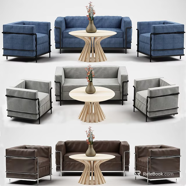 Modern Sofa and Coffee Table Set Blue Gray Brown Round Wooden Base Design 3d model 