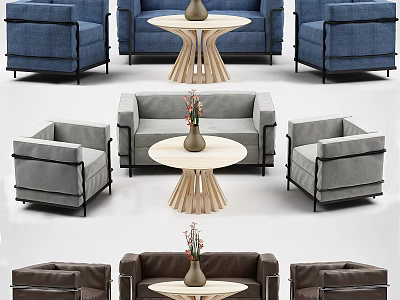 Modern Sofa and Coffee Table Set Blue Gray Brown Round Wooden Base Design 3d model