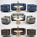 Modern Sofa and Coffee Table Set Blue Gray Brown Round Wooden Base Design
