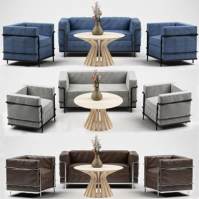 Modern Sofa and Coffee Table Set Blue Gray Brown Round Wooden Base Design 3d model