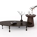 Oval Dark Wood Coffee Table With Decorative Vases Book And Side Table Decorations 3d model