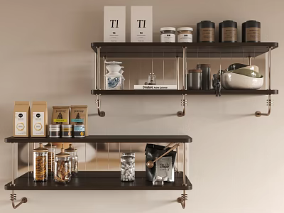 Wall Mounted Wooden Shelving Unit With Coffee Tins Spice Jars And Packaged Goods 3d model