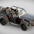 Modified Off Road Vehicle With Open Top Large Tires Red Stripes And Front Grille