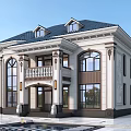 Elegant Detached Villa With Classical Architecture Large Windows Sloped Roof And Stone Facade