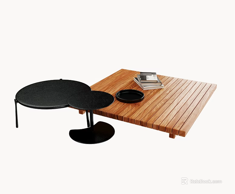 Modern Wooden Rectangular Coffee Table With Black Round Side Table And Decorative Tray On Top 3d model