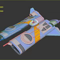 3D Rendering of Blue Yellow Gray Cosmic Spacecraft with Twin Fuselage Design