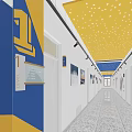 School Corridor Featuring Blue Yellow Walls Yellow Star Ceiling Signage Posters and Floor Tiles