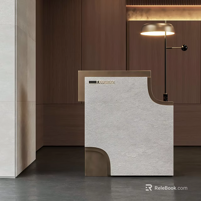 Modern Reception Desk With Curved Stone Surface And Wooden Wall Panels 3d model 